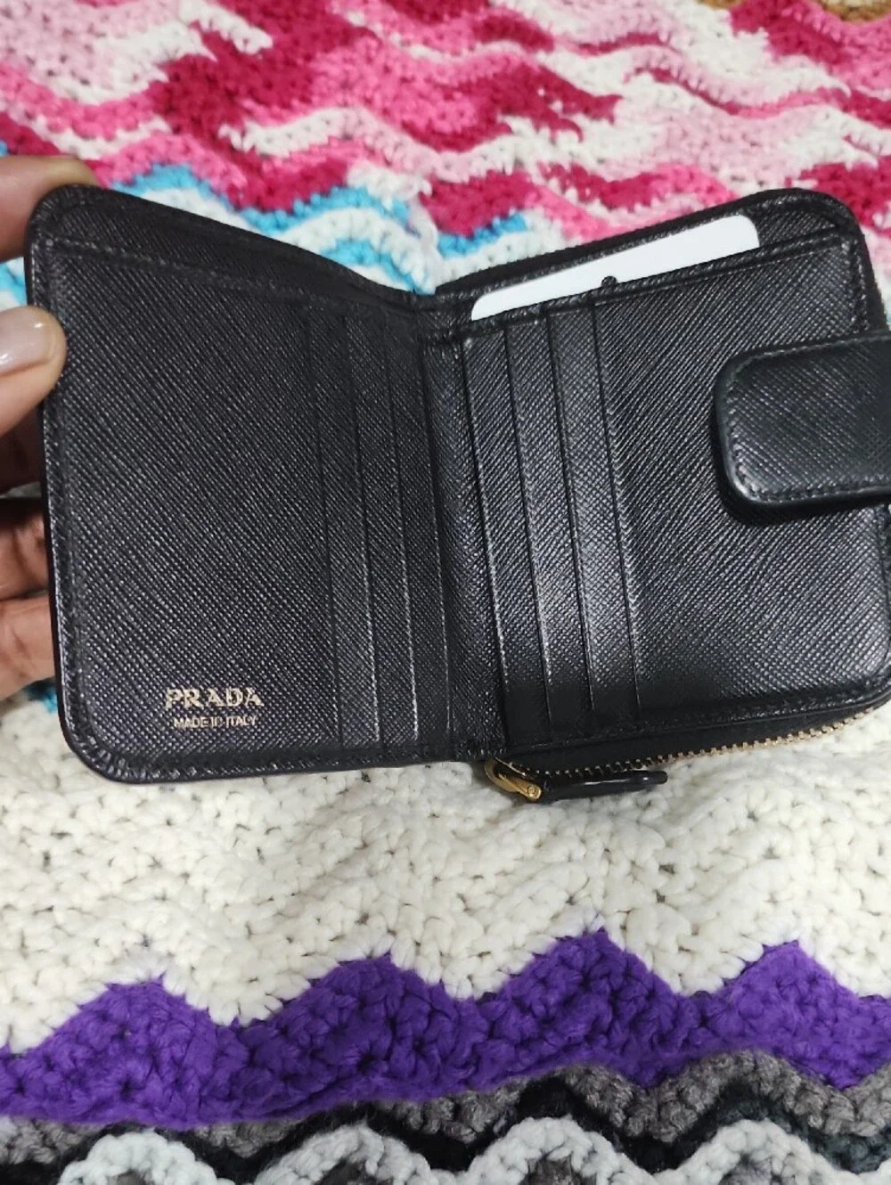 Prada Black Saffiano Leather Zip Wallet with Gold Logo